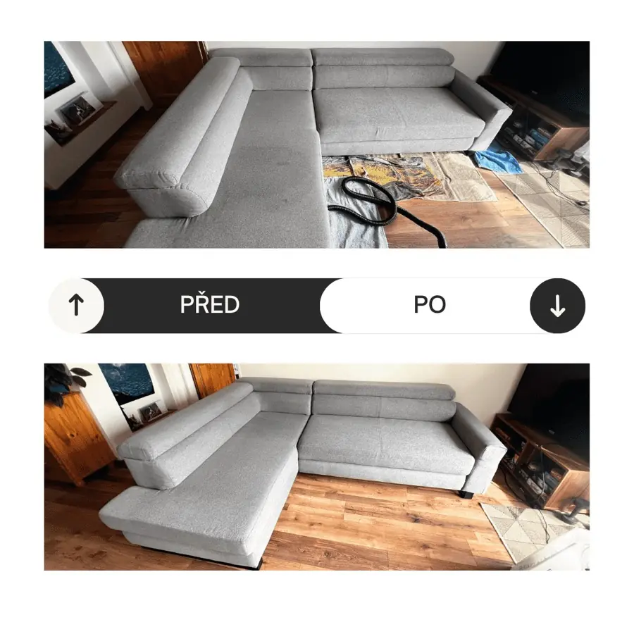 Tepování rohové sedačky – před a po